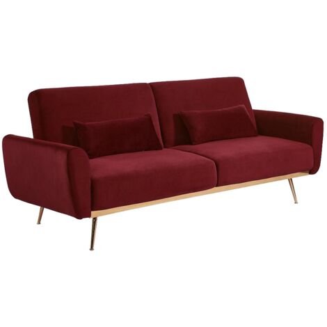 Vente-Unique – Canapé 3 places convertible clic-clac en velours bordeaux – Mécanisme pratique – 208 cm – 2 coussins offerts – Charge max 360 kg (1/4)