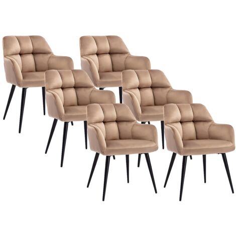 Vente-Unique – Lot de 6 chaises avec accoudoirs – Velours beige matelassé – Structure métal – Hauteur d'assise 47.5cm – Pour intérieur moderne (1/5)