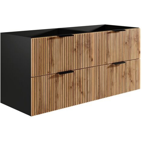 Vente-Unique – Meuble sous vasque suspendu strié 120 cm – Naturel clair et noir – 4 tiroirs soft close – Éco-responsable, fabriqué en Europe (1/4)