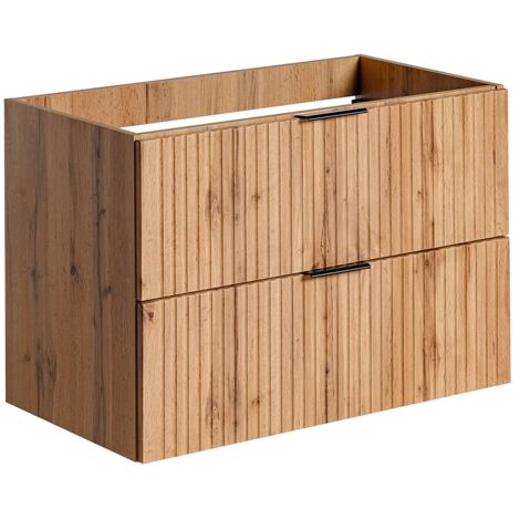 Vente-Unique – Meuble sous vasque simple 80 cm – MDF naturel clair – Finition rainurée – Système Soft Close – 2 tiroirs coulissants