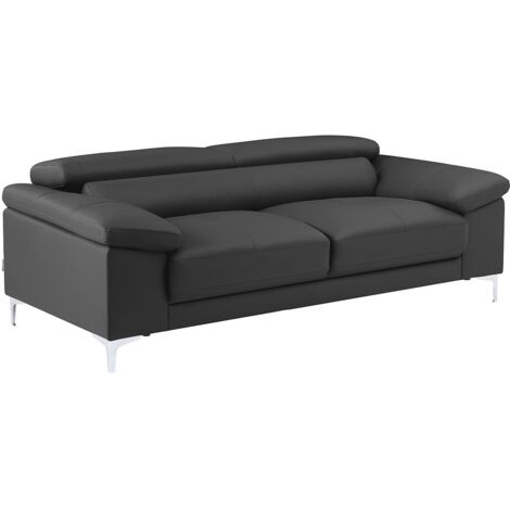 Vente-Unique – Canapé convertible 3 places en cuir de vachette gris anthracite – Têtières réglables – Garnissage haute résilience – Charge maximale 360 kg (1/5)