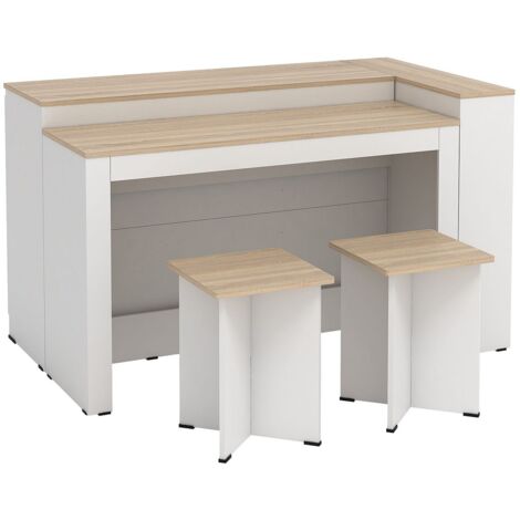 Vente-Unique – Ensemble îlot central de cuisine avec 2 tabourets – Dimensions 138.7x79.2x82 cm – Panneau de particule blanc et naturel clair