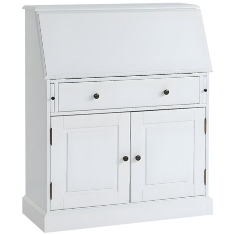 Vente-Unique – Secrétaire en pin massif et MDF blanc – 3 tiroirs, 6 niches, 2 placards – Dimensions 93x110.8x40 cm pour rangement optimisé
