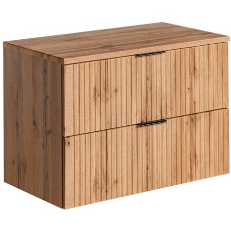 Vente-Unique – Meuble sous vasque suspendu strié – Naturel clair – L80 cm – MDF éco-responsable – Système Soft Close – 2 tiroirs coulissants