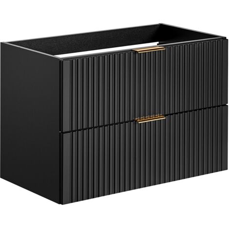 Vente-Unique – Meuble sous vasque suspendu strié noir – L80 cm – MDF rainuré – 2 tiroirs coulissants soft close – Installation à suspendre