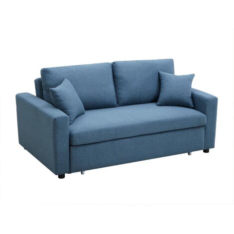 Vente-Unique – Canapé convertible 3 places en tissu polyester – Mécanisme tiroir – Couchage 132x182cm – Bleu – Déhoussable avec coussins inclus (1/5)