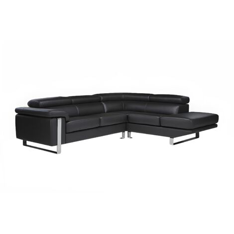 Vente-Unique – Canapé d'angle en cuir noir 5 places – Cuir de vachette haute résilience – Têtières relax multiposition – Angle droit moderne (1/5)