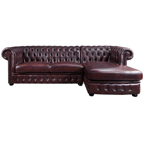 Vente-Unique – Canapé d'angle chesterfield 5 places 100% cuir de buffle – Bordeaux – Angle droit – Capitonné – Confort optimal (1/5)