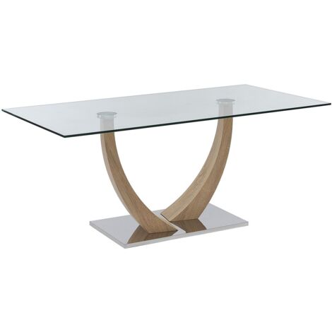 Vente-Unique – Table extensible 6 personnes en verre trempé – Acier inoxydable – Longueur 180 cm, Hauteur 75 cm, Largeur 90 cm – Naturel clair
