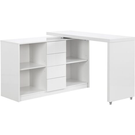 Vente-Unique – Bureau d'angle extensible 120/190 cm – Plateau pivotant 360° – MDF blanc laqué – 4 tiroirs et niches de rangement