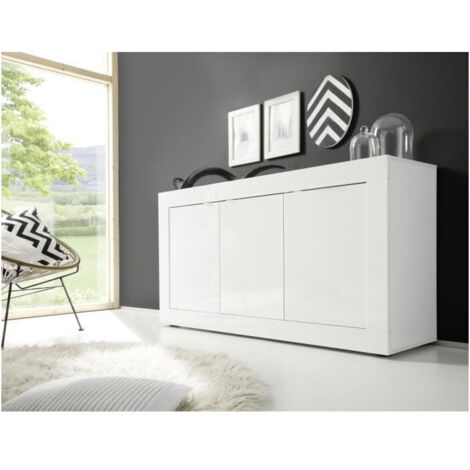Vente-Unique – Buffet blanc laqué brillant 3 portes – Dimensions L160 x P42 x H85,8 cm – Panneau de particules de qualité – Fabrication italienne