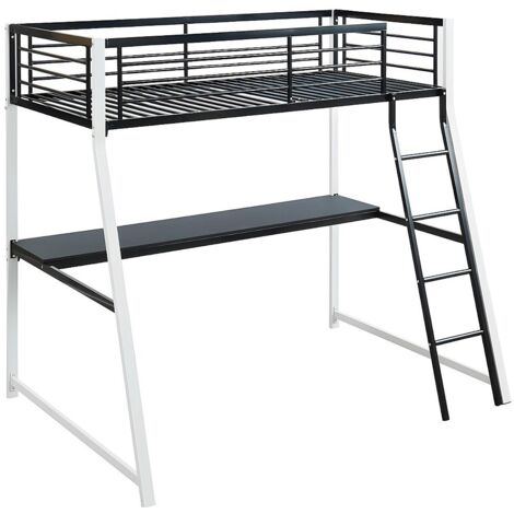 Vente-Unique – Lit mezzanine 90 x 190 cm avec bureau intégré – Acier noir et blanc – Hauteur 182 cm – Charge 150 kg (1/5)