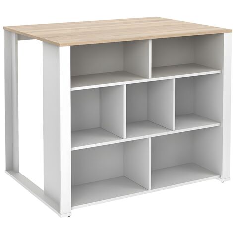 Vente-Unique – Îlot central de cuisine 110.2 cm – 7 niches de rangement – Blanc et naturel – Panneau de particule vernis – 4 places assises