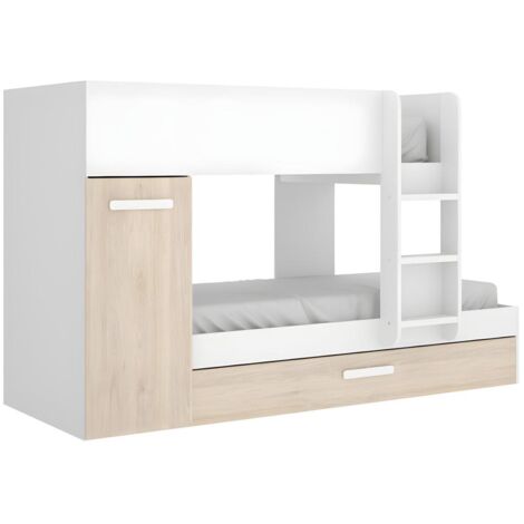 Lit gigogne 90 x 190 cm avec tiroir et rangements – Blanc et naturel – Éco-responsable PEFC – Charge max 75 kg – À monter soi-même – Dekit