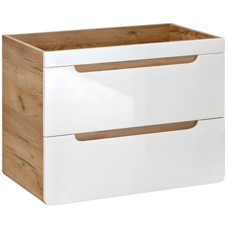 Vente-Unique – Meuble sous vasque simple 80 cm – 2 tiroirs soft close – Bois mdf éco-responsable – Finition stratifié blanc et naturel (1/4)