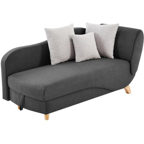 Vente-Unique – Méridienne gauche convertible en tissu polyester gris anthracite – Coffre de rangement intégré – Coussins inclus – Dimensions 160x80cm
