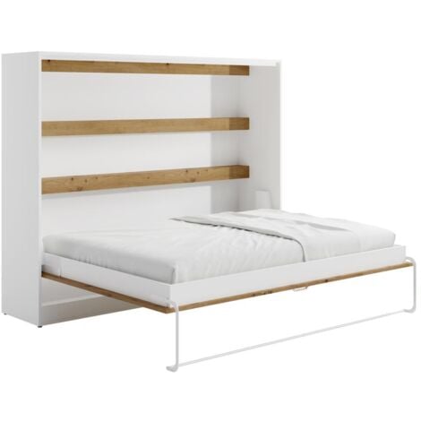 Lit escamotable 140 x 200 cm - Ouverture horizontale manuelle - Avec LEDs - Blanc et naturel - RAPILI