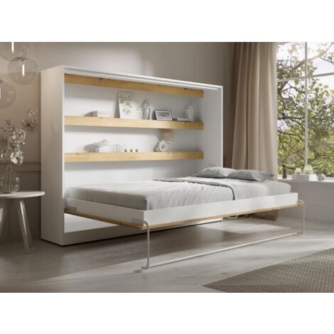 Lit escamotable 140 x 200 cm - Ouverture horizontale manuelle - Avec LEDs - Blanc et naturel - RAPILI