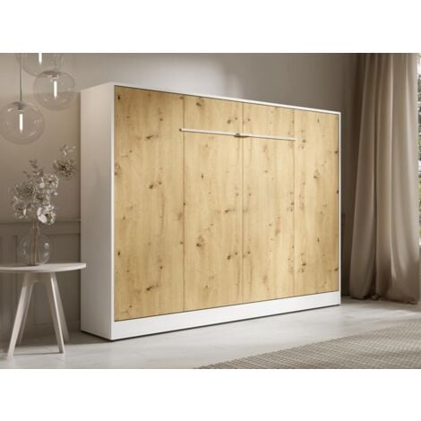 Lit escamotable 140 x 200 cm - Ouverture horizontale manuelle - Avec LEDs - Blanc et naturel - RAPILI