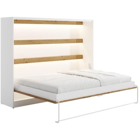 Lit escamotable 140 x 200 cm - Ouverture horizontale manuelle - Avec LEDs - Blanc et naturel - RAPILI