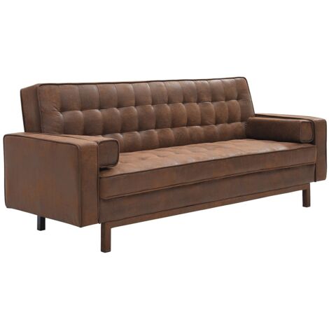 Vente-Unique – Canapé convertible clic-clac 3 places en microfibre marron vintage – Largeur couchage 114 cm – Longueur 230 cm – Confort ferme (1/5)