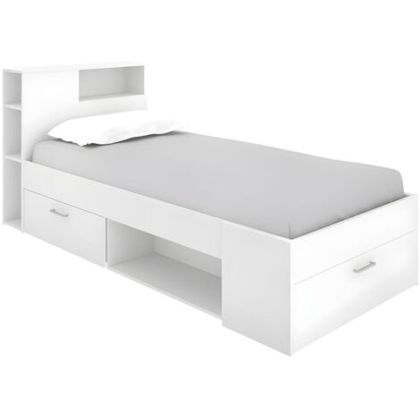 Lit avec tête de lit et rangement – 90 x 190 cm – Blanc – Panneau de particule mélaminé – 1 tiroir et 5 niches – Éco-responsable PEFC – Dekit (1/8)