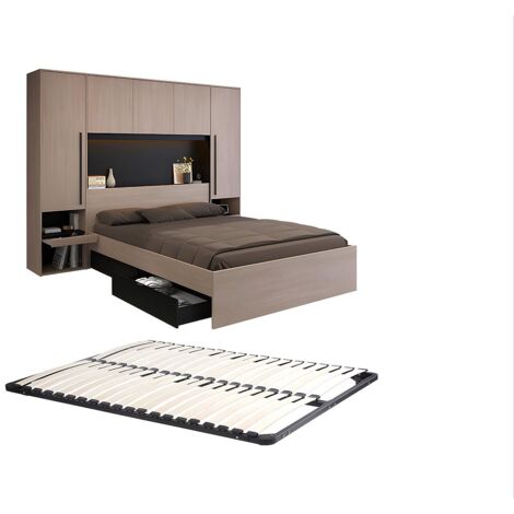 Vente-Unique – Lit pont 160 x 200 cm avec rangements – 2 tiroirs – 4 niches – Avec LEDs multicolores – Cadre à lattes – Naturel et noir