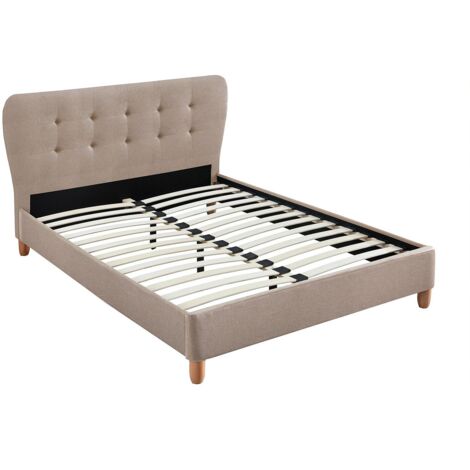 Vente-Unique – Lit adulte 140 x 190 cm – Tête de lit capitonnée en tissu beige – Cadre à lattes – Charge max 200 kg – Style scandinave chic - LIT 140 X (1/4)