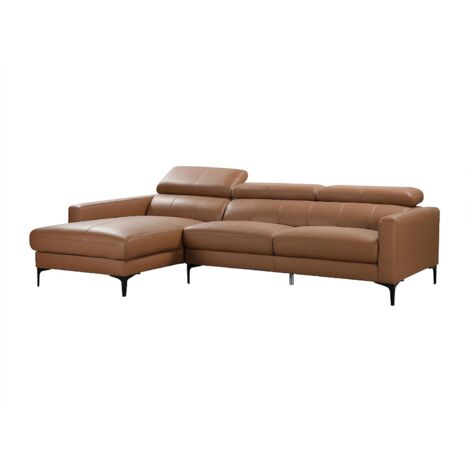 Vente-Unique – Canapé d'angle en cuir de buffle – 4 places – Cuir supérieur camel – Angle gauche – 3 têtières relax multiposition (1/3)