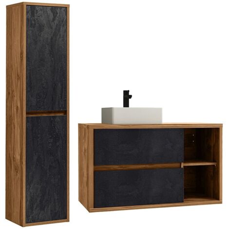 Vente-Unique – Meuble sous vasque suspendu 100 cm – 2 tiroirs soft close – Colonne 2 portes – Panneau de particule éco-responsable – Coloris naturel et anthracite (1/5)