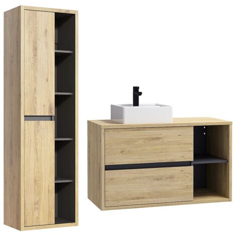 Vente-Unique – Meuble sous vasque suspendu 100 cm – Vasque carrée céramique – Colonne de rangement 55x170 cm – Coloris chêne naturel (1/5)