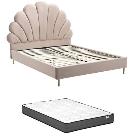 Vente-Unique – Lit coquillage 140 x 190 cm – Velours beige avec matelas à ressorts ensachés – Charge max 220 kg – Montage facile (1/5)