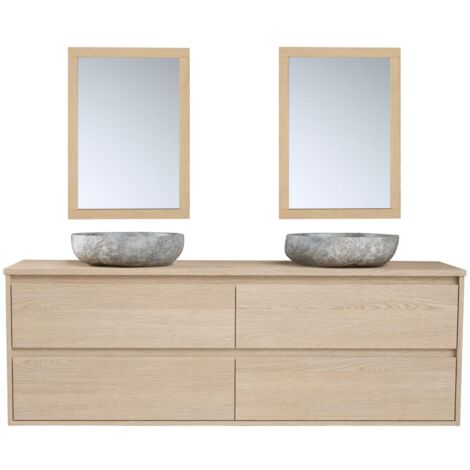 Meuble de salle de bain avec double vasque à poser en pierre et miroir - Placage chêne - 150 cm - MILIPAM (1/5)