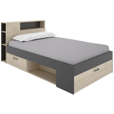 Vente-Unique – Lit adulte 120 x 190 cm avec tête de lit et rangements – 2 tiroirs et 5 niches – Coloris naturel et anthracite – Éco-responsable (1/5)