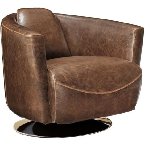 Vente-Unique – Fauteuil club en cuir vieilli marron chocolat – Pied rotatif métal – Dimensions 78.5x85.5x73 cm – Garnissage mousse haute résilience
