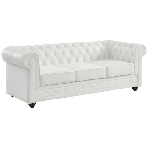 Vente-Unique – Canapé Chesterfield 3 places en cuir de buffle blanc – Assise sur ressorts – Dossier capitonné – Dimensions 205x88x72 cm (1/3)