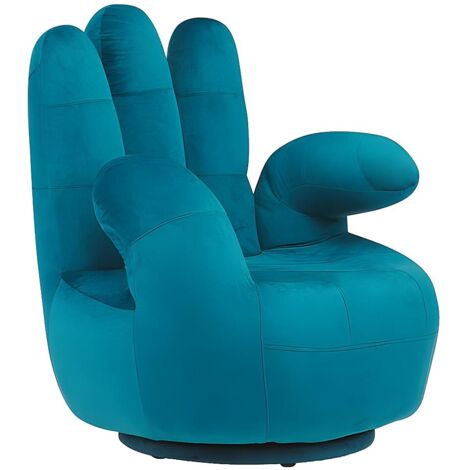 Vente-Unique – Fauteuil relax pivotant en velours 100 % polyester – Bleu canard – Dossier ergonomique et accoudoirs – Charge max 120 kg