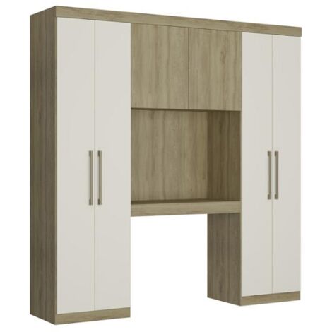 Vente-Unique – Pont de lit ANTERO II – 6 portes – Rangement avec 1 niche, 5 lingères, 2 penderies – Longueur 200 cm – Chêne et Ivoire