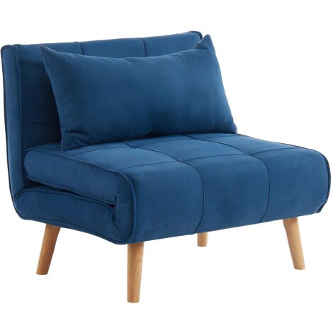 Vente-Unique – Fauteuil convertible scandinave 1 place en tissu bleu – Assise capitonnée – Couchage 190x90cm – Coussins inclus (1/3)