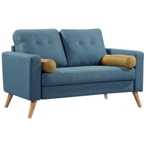 Vente-Unique – Canapé droit 2 places TATUM en tissu polyester – Bleu – Assise ergonomique avec mousse recyclée – Pieds en bois scandinave (1/5)