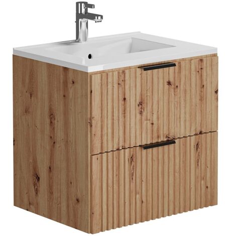 Vente-Unique – Meuble de salle de bain suspendu strié avec vasque à encastrer – Naturel clair – 60 cm – Rangement optimisé – Poignées interchangeables
