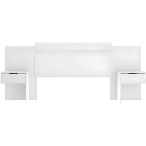 Vente-Unique – Tête de lit extensible avec chevets – 140/160 cm – Blanc – Panneau de particule vernis – 2 tiroirs coulissants (1/5)