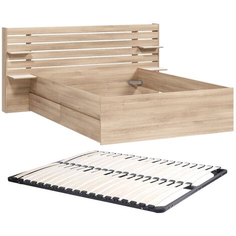 Vente-Unique – Lit adulte 140 x 200 cm avec rangements – 2 tiroirs et 4 étagères – Panneau de particule mélaminé – Éco-responsable, fabriqué en France