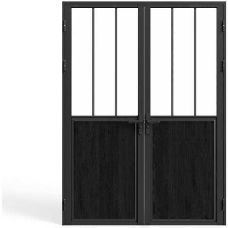 Vente-Unique – Bloc porte réversible à deux battants en aluminium et verre trempé – Dimensions H204 x L73 cm – Angle d'ouverture 90° – Noir – ERMELO