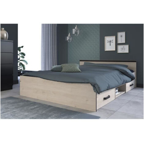 Les Tendances – Lit industriel 140x190 cm avec 2 tiroirs de rangement – Décor chêne et noir – Panneaux de particules – Montage facile