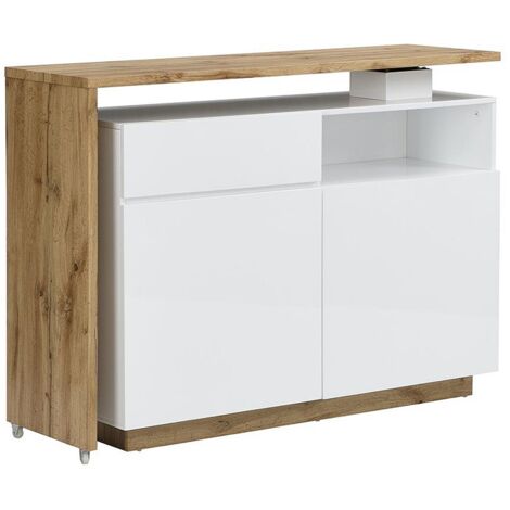 Vente-Unique – Meuble bar pivotant extensible 130 cm – 2 portes, 1 tiroir, 1 niche – MDF laqué blanc et naturel – Pour intérieur (1/5)