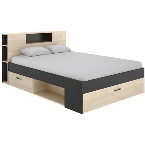 Vente-Unique – Lit adulte 140 x 190 cm avec tête de lit et rangements – 2 tiroirs et 9 niches – Coloris naturel et anthracite – Éco-responsable (1/5)