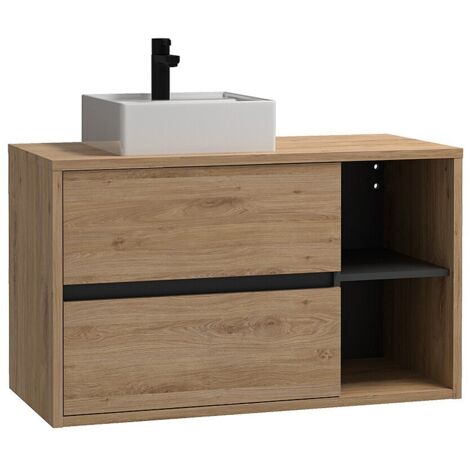 Vente-Unique – Meuble de salle de bain suspendu avec vasque carrée 100 cm – Coloris chêne naturel – 2 tiroirs – Installation à suspendre (1/5)