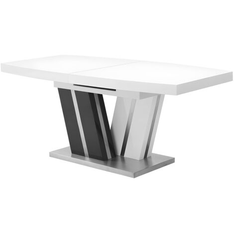 Vente-Unique – Table à manger extensible – 6 à 8 places – MDF laqué gris et blanc – Rallonge papillon intégrée – Pied central en acier inoxydable (1/5)