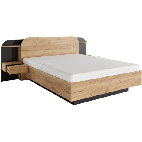 Vente-Unique – Lit adulte 160 x 200 cm avec chevets – Éclairage LED blanc – Panneau de particules mélaminé – Rangement 2 tiroirs et tablettes (1/5)